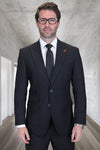 Men's Designer Two Button Peak Lapel Wool Suit in Black Windowpane Plaid