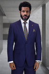 Men's Designer Two Button Peak Lapel Wool Suit in Navy Blue Windowpane Plaid