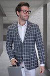 Men's Modern Fit Patch Pocket Designer Wool Summer Blazer in Black Windowpane Plaid