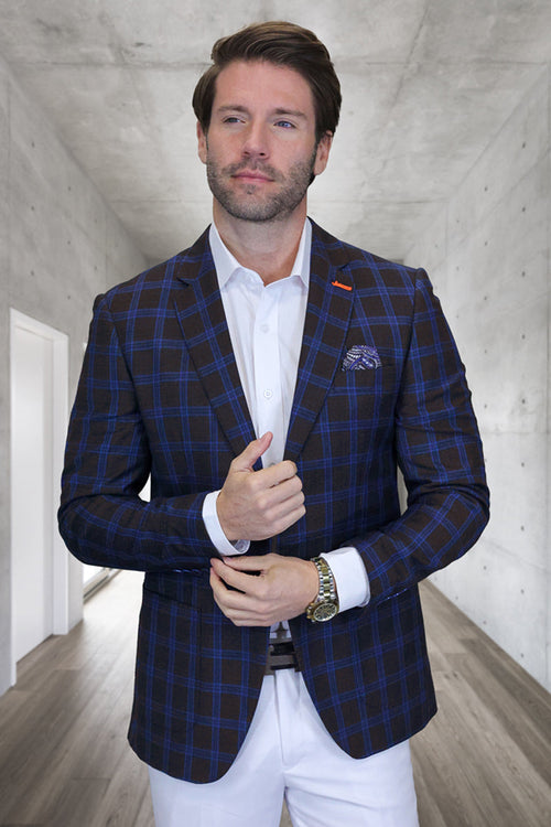 Men's modern fit brown wool summer blazer with blue plaid. Features patch pocket, tailored design, full-length sleeves, and structured form.
