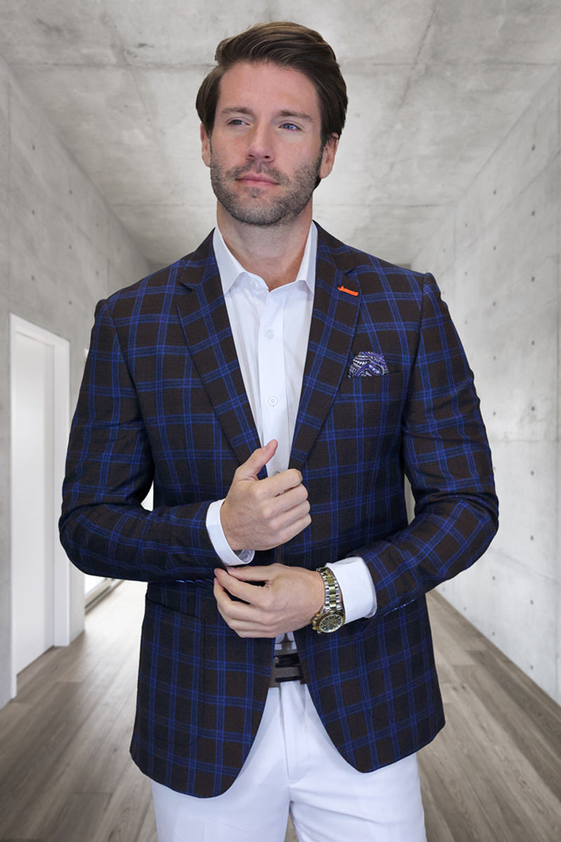 Men's Modern Fit Patch Pocket Designer Wool Summer Blazer in Brown Plaid