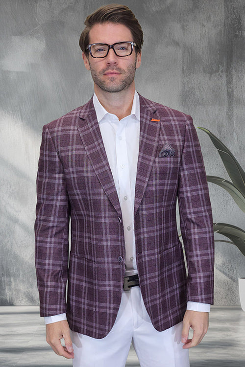 Men's modern fit wool summer blazer. Burgundy windowpane plaid with light purple accents. Textured wool, tailored silhouette, single-button closure, and patch pockets. Sophisticated, calming color palette.
