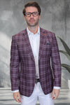 Men's Modern Fit Patch Pocket Designer Wool Summer Blazer in Burgundy Windowpane Plaid