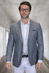 Men's Modern Fit Patch Pocket Designer Wool Summer Blazer in Grey Windowpane Check