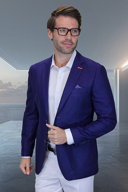 Sapphire blue wool blazer with windowpane plaid. Modern fit, patch pockets, and a structured shape. Single-button front and notch lapels.
