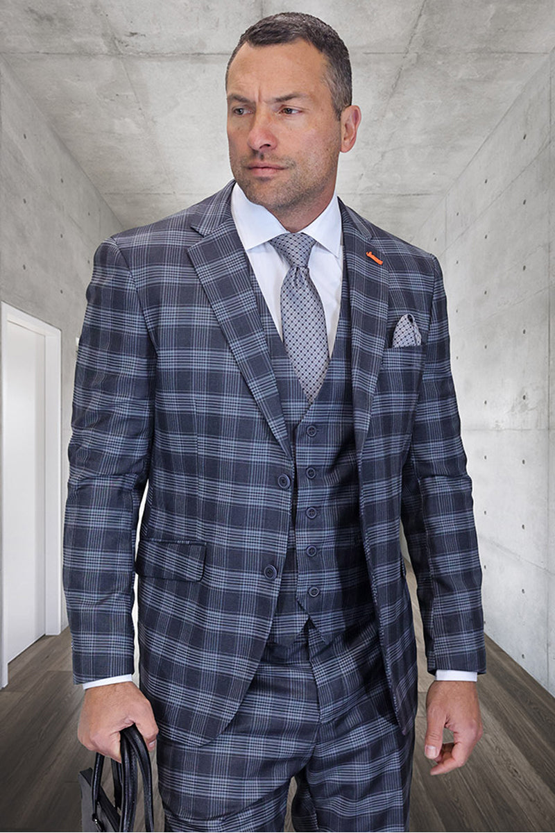 Men's charcoal glen plaid wool suit with a modern fit. Two-button blazer, notch lapel, and matching vest. Tailored trousers complete the fitted design. Varying shades of gray in the checkered pattern.
