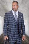 Men's Designer Two Button Modern Fit Vested Wool Suit in Charcoal Glen Plaid