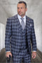 Men's charcoal glen plaid wool suit with a modern fit. Two-button blazer, notch lapel, and matching vest. Tailored trousers complete the fitted design. Varying shades of gray in the checkered pattern.
