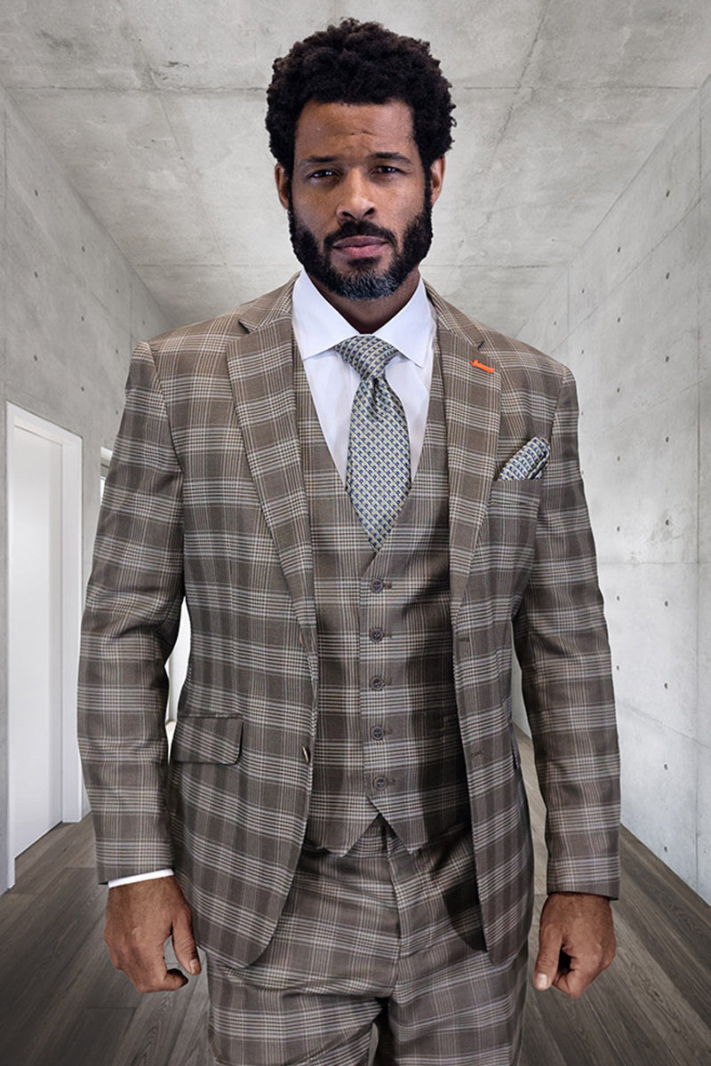 Men's chocolate brown plaid wool suit with a modern fit. Includes a tailored jacket, vest, white dress shirt, and patterned blue tie. Formal look and textured appearance.
