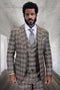 Men's chocolate brown plaid wool suit with a modern fit. Includes a tailored jacket, vest, white dress shirt, and patterned blue tie. Formal look and textured appearance.
