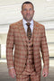 Men's rust glen plaid wool suit: modern fit, two-button. Includes blazer, vest & pants. Warm rust color with beige plaid. Tailored design, notch lapels, side pockets.
