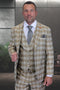 Modern fit, tan glen plaid wool suit for men. Two-button jacket with cutaway lapel, matching vest (5-button), and checkered pants. Woven wool, tan base with white/brown plaid. Fitted design.