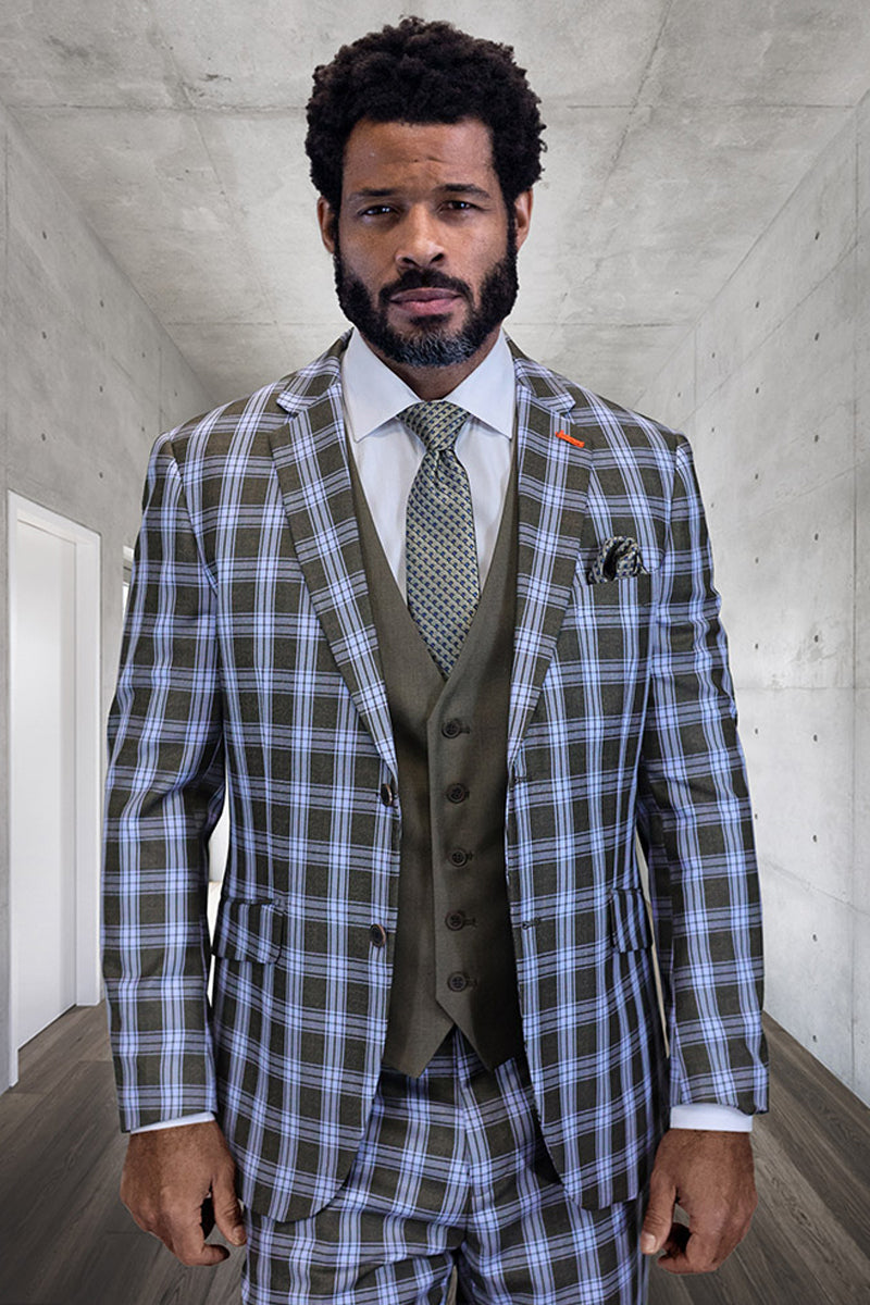 Men's modern fit blue plaid wool suit. Features a structured jacket, notched lapel, and two pockets. Olive green vest with three buttons. Tailored plaid pants for a cohesive look.
