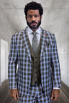 Men's Designer Modern Fit Wool Suit in Blue Plaid with Contrasting Vest