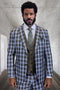 Men's modern fit blue plaid wool suit. Features a structured jacket, notched lapel, and two pockets. Olive green vest with three buttons. Tailored plaid pants for a cohesive look.
