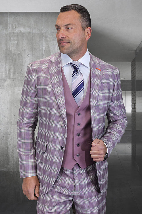 Men's modern fit wool suit in mauve pink and lavender plaid. Features contrasting mauve vest with multiple buttons. Blazer: notch lapels, side pockets. Plaid pattern: light/dark mauve & lavender. Matching plaid trousers.
