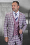 Men's modern fit wool suit in mauve pink and lavender plaid. Features contrasting mauve vest with multiple buttons. Blazer: notch lapels, side pockets. Plaid pattern: light/dark mauve & lavender. Matching plaid trousers.
