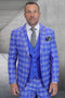 Men's modern fit suit in French blue plaid. Features a contrasting blue vest, tailored jacket, and matching plaid trousers. Designer quality wool.
