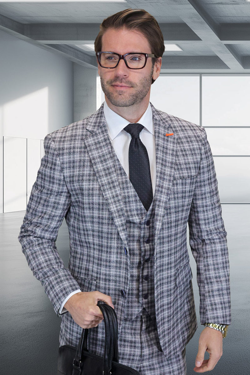 Men's modern fit wool suit with vest. Black & grey plaid. Fitted jacket & double-breasted vest. Wool blend fabric with checkered pattern. Designer suit.
