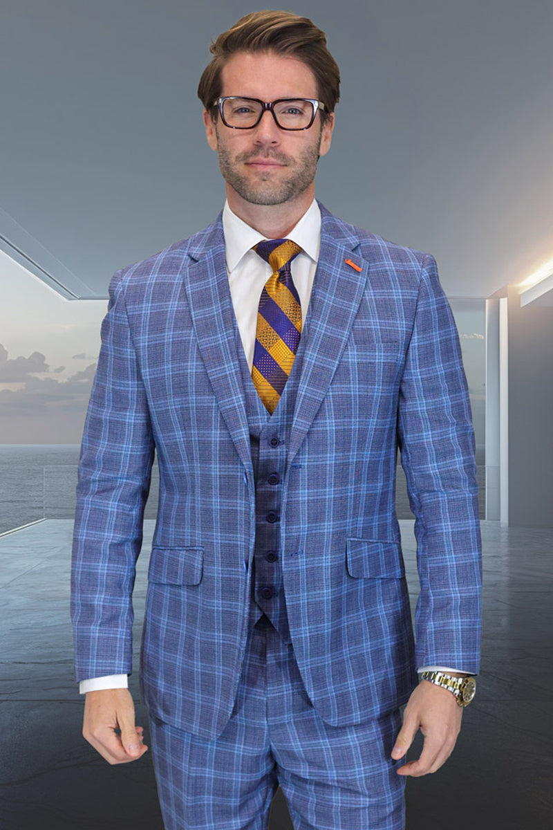 Men's modern fit wool suit in indigo blue plaid. Features a two-button jacket, vest, and textured check pattern. Includes a white shirt & tie with gold, purple & blue accents.
