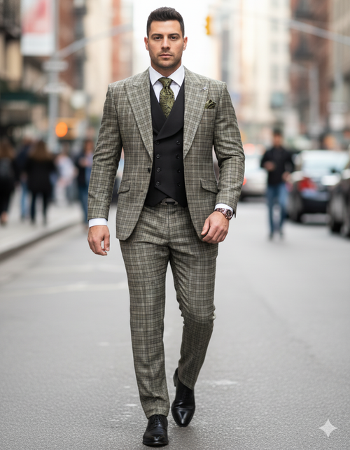 Statement Suits - Wool Suits - Peak Lapel Suits - Ticket Pocket - Modern Fit - Olive Suit