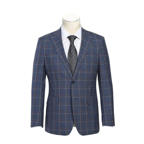 Designer Brand - Wool Stretch with Linen Single Breasted Steel Blue and Orange Plaid Suit