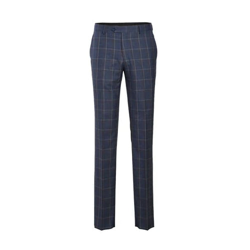 Designer Brand - Wool Stretch with Linen Single Breasted Steel Blue and Orange Plaid Suit