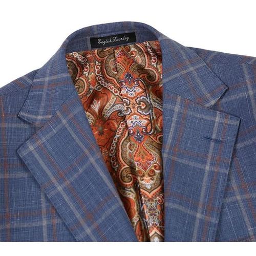 Designer Brand - Wool Stretch with Linen Single Breasted Steel Blue and Orange Plaid Suit