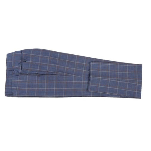 Designer Brand - Wool Stretch with Linen Single Breasted Steel Blue and Orange Plaid Suit