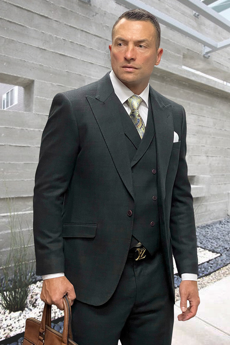 Men's hunter green wool suit. Windowpane plaid, peak lapel, three-piece design with vest. Smooth texture, fitted silhouette, maroon buttons. Two front pockets on jacket.
