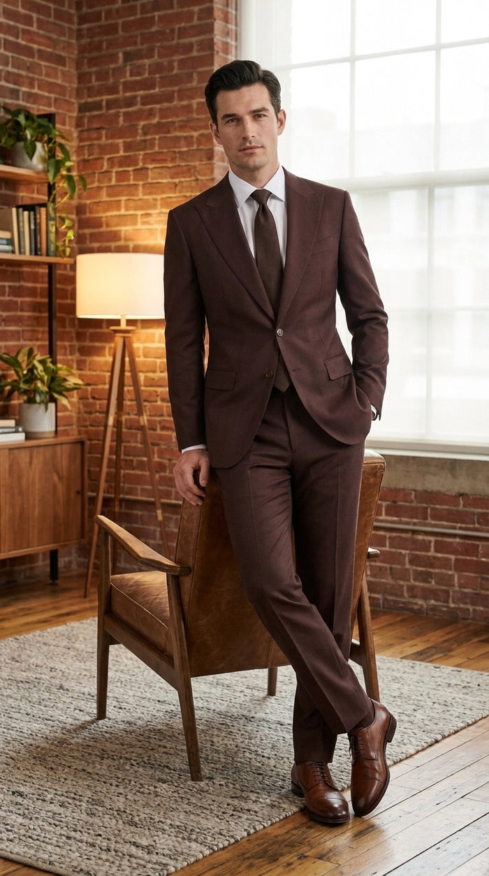 Statement Men’s Brown 2 Piece Wool Suit, Modern Fit Formal Wedding Business Suit with Pic Stitching