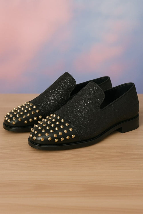 Men's Black Glitter Loafers with Spike Studded Toe â€“ Designer Slip-On Dress Shoes for Parties and Events