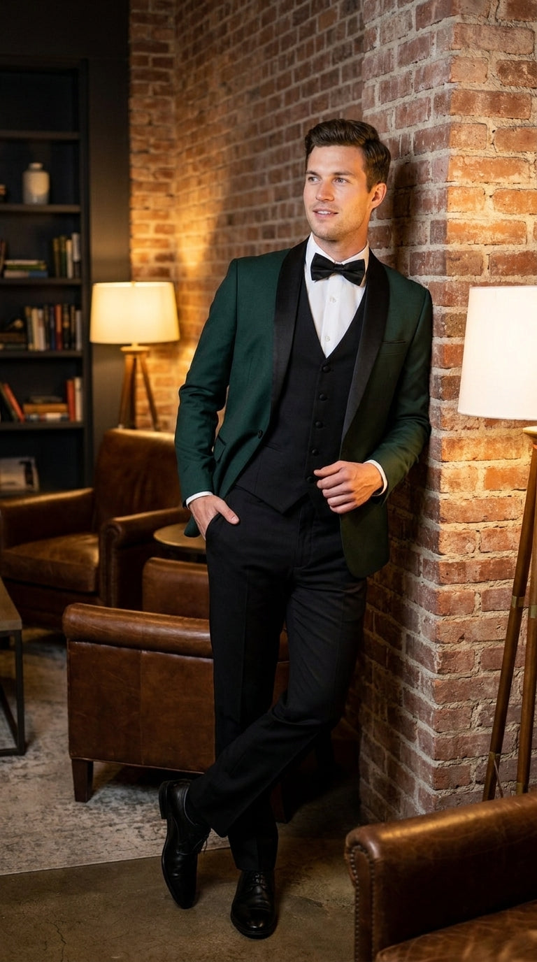 Men’s Hunter Green Tuxedo Suit with Black Pants and Vest, Wedding Prom Formal Tuxedo