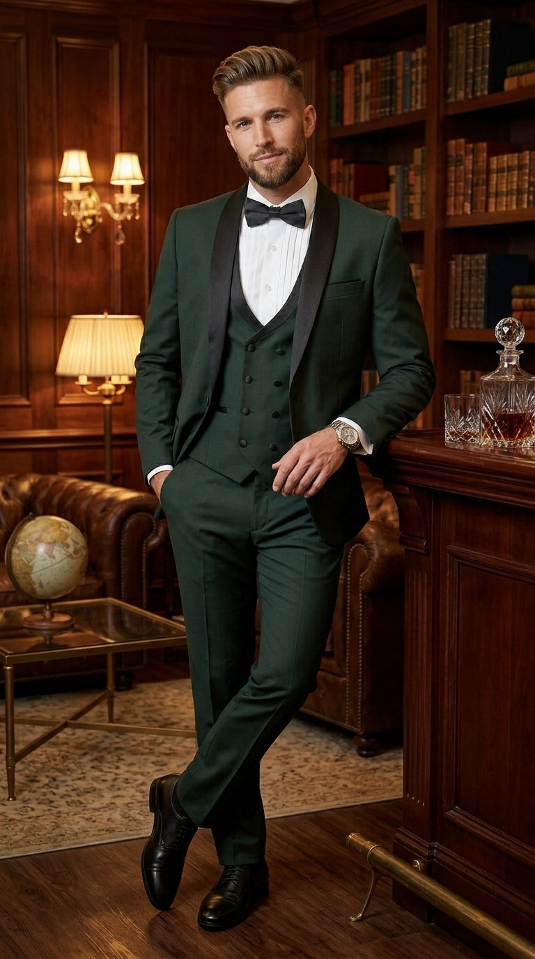 Men’s Hunter Green Vested Tuxedo Suit with Black Trim Shawl Lapel, Wedding Prom Formal Suit Set