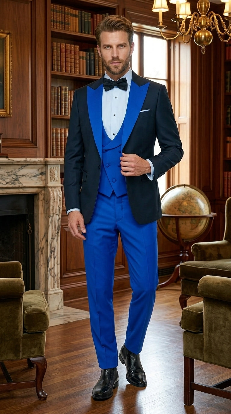 Men’s Black and Royal Blue 100% Wool Vested Tuxedo Suit with Peak Lapel, Wedding Prom Formal Suit Set