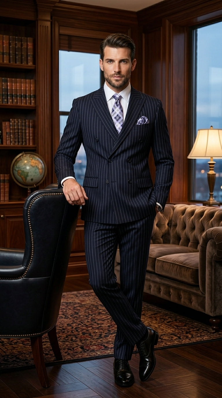Men’s Navy Pinstripe Double Breasted Suit, Statement Formal Wedding Business Dress Suit
