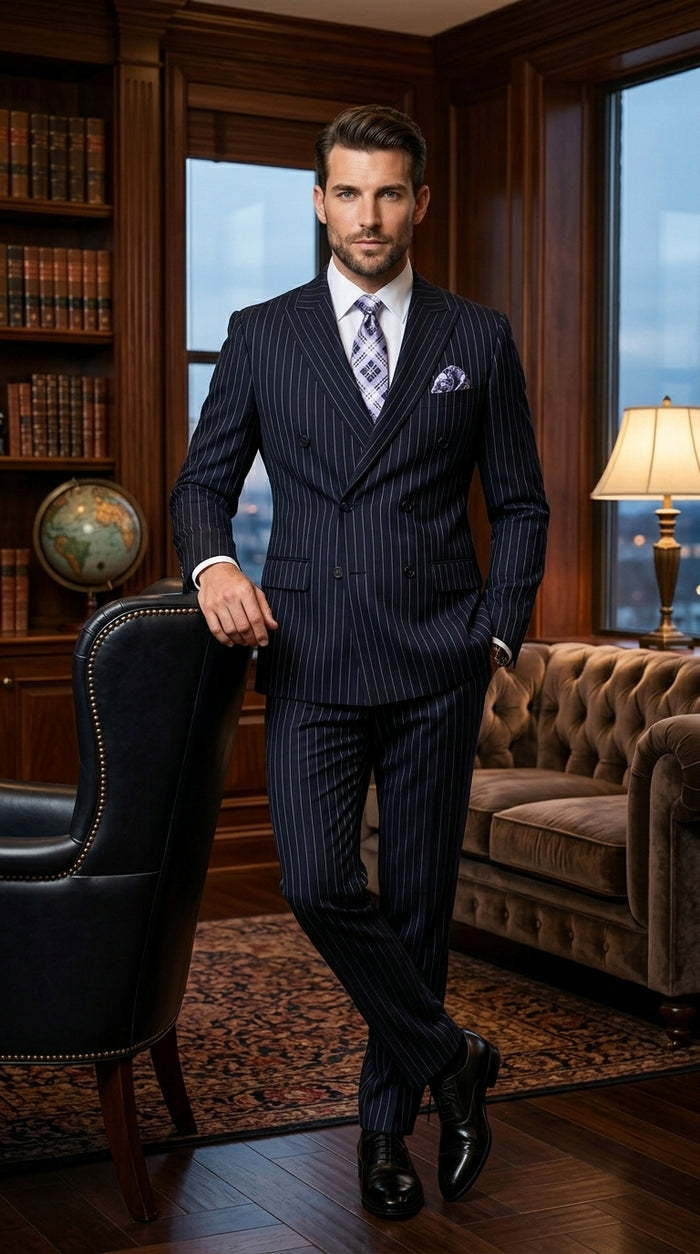 Men’s Navy Pinstripe Double Breasted Suit, Statement Formal Wedding Business Dress Suit