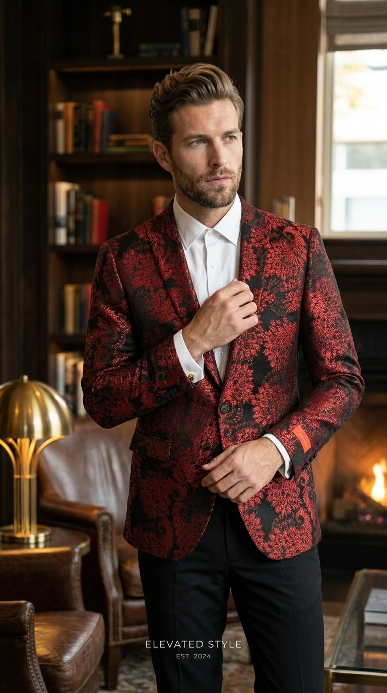 Men’s Red and Black Retro Paris Floral Suit, Designer Formal Wedding Prom Party Blazer Set