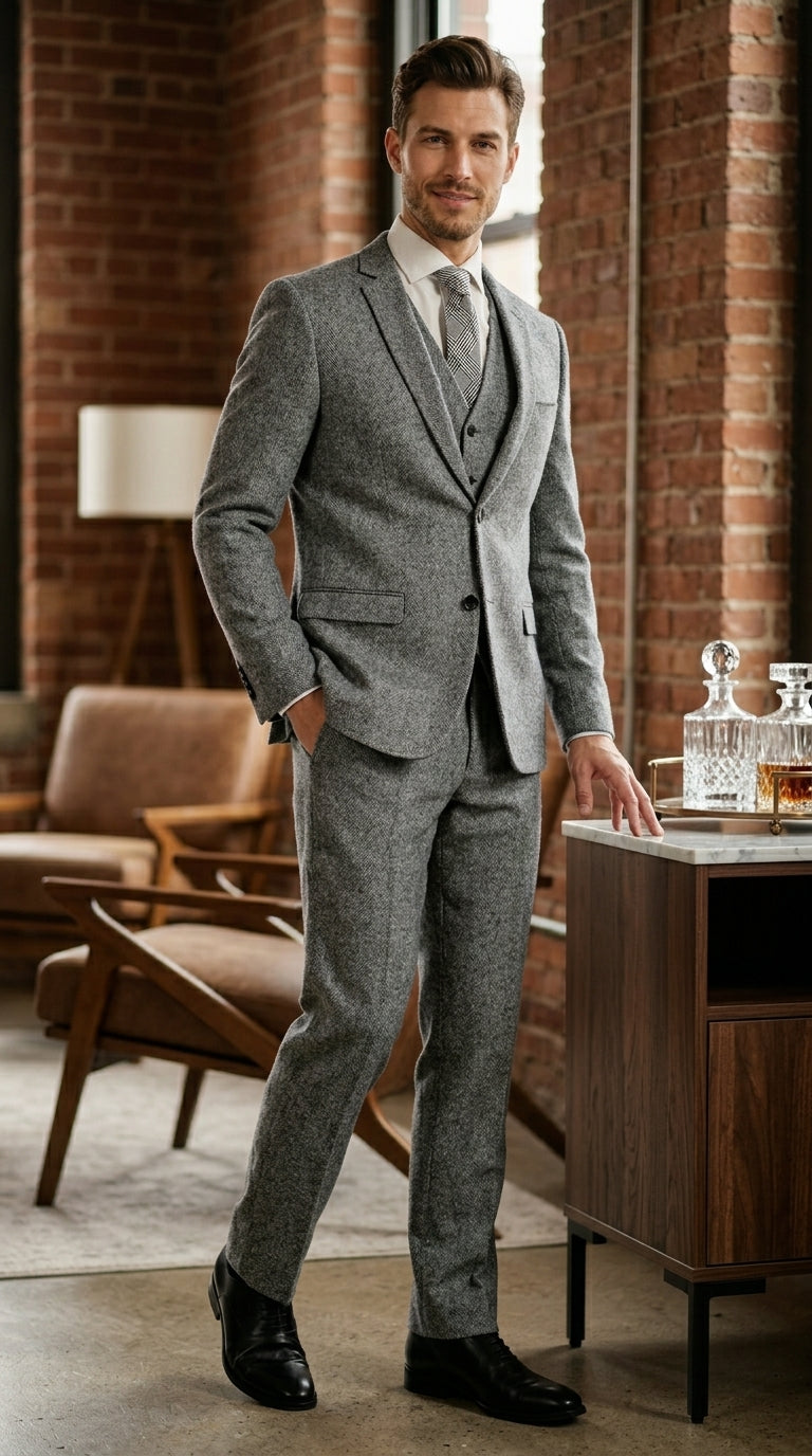 Mens Grey Tweed Three Piece Suit Vintage British Fabric Slim Fit Wedding & Business Wear