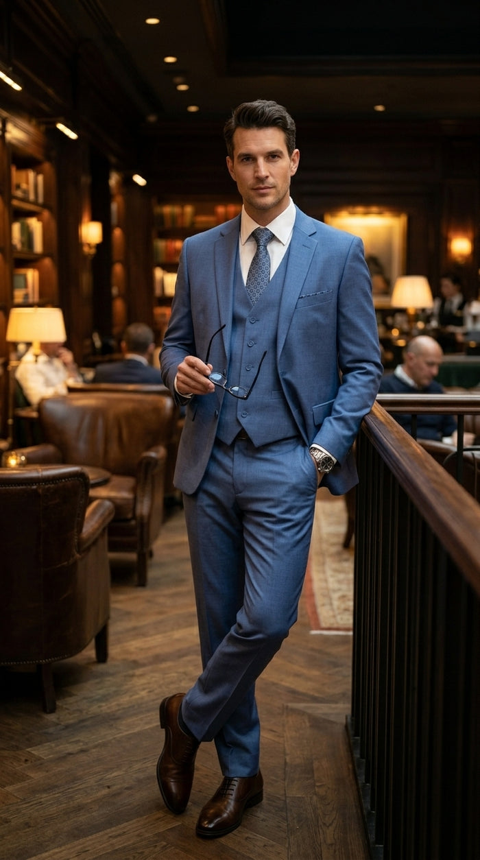 Men’s Steel Blue 3 Piece Prom Suit, Dusty Blue Vested Wedding Formal Suit Set