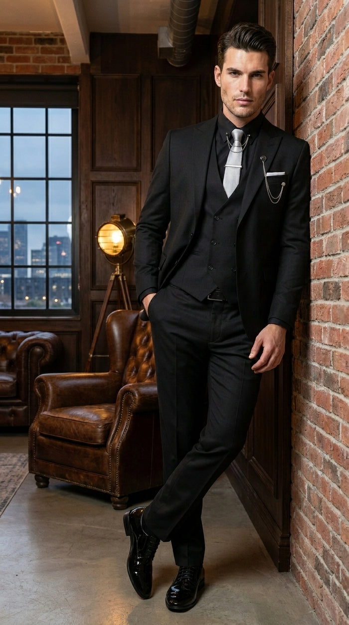 Men’s Black 3 Piece Suit with Double Breasted Vest, Formal Wedding Prom Business Dress Suit Set