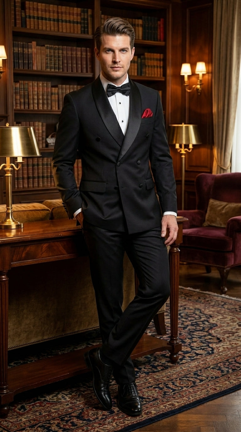 Men’s Black Six Button Double Breasted Tuxedo, 2 Piece Formal Wedding Suit