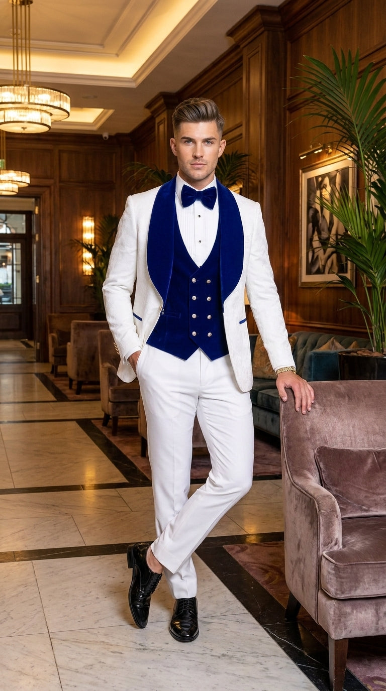 Men’s White and Royal Blue 3-Piece Tuxedo – Groom Wedding and Prom Suit with Velvet Shawl Lapel