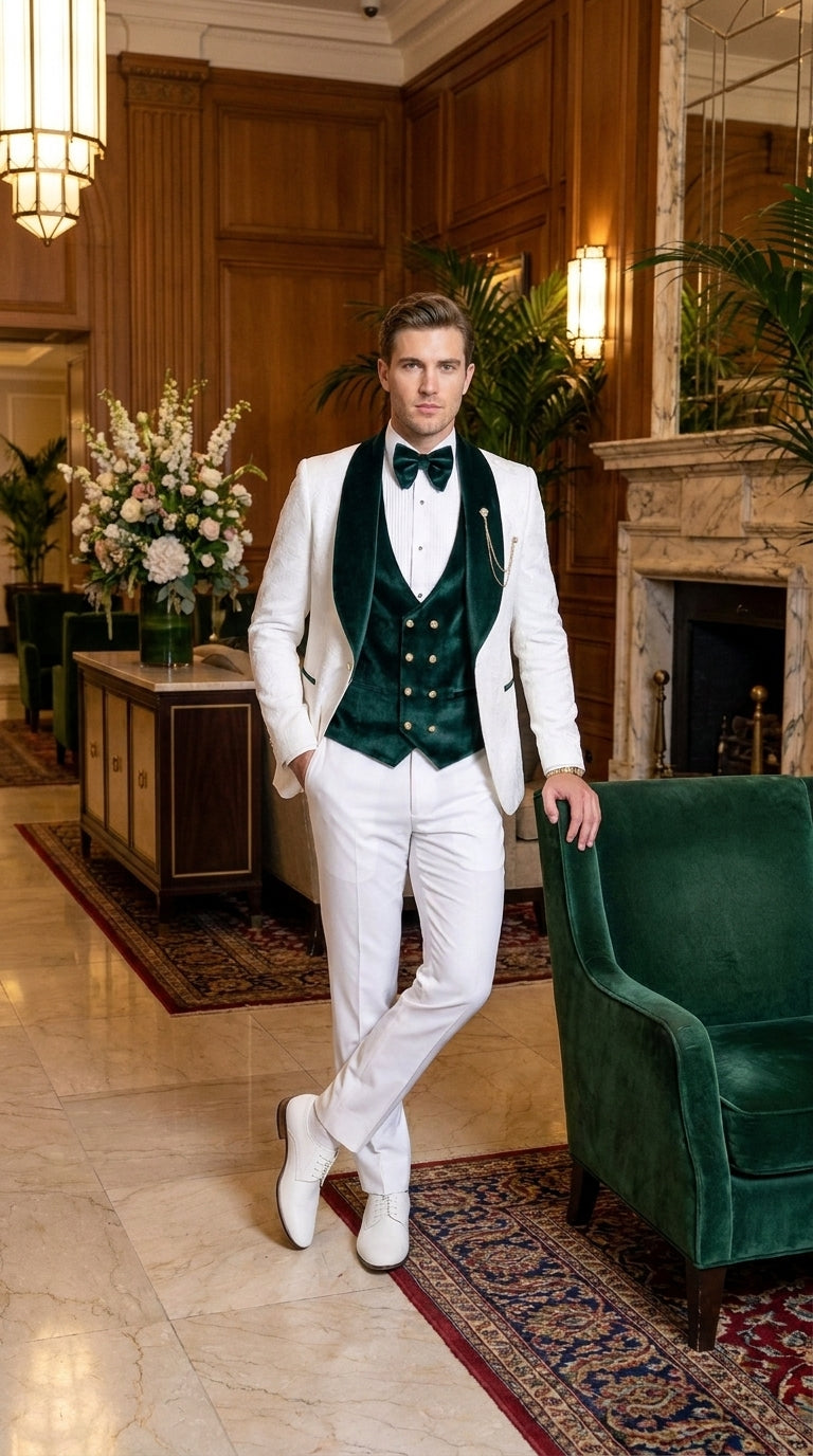 Men’s White and Dark Green 3-Piece Tuxedo – Groom Wedding and Prom Suit with Velvet Shawl Lapel