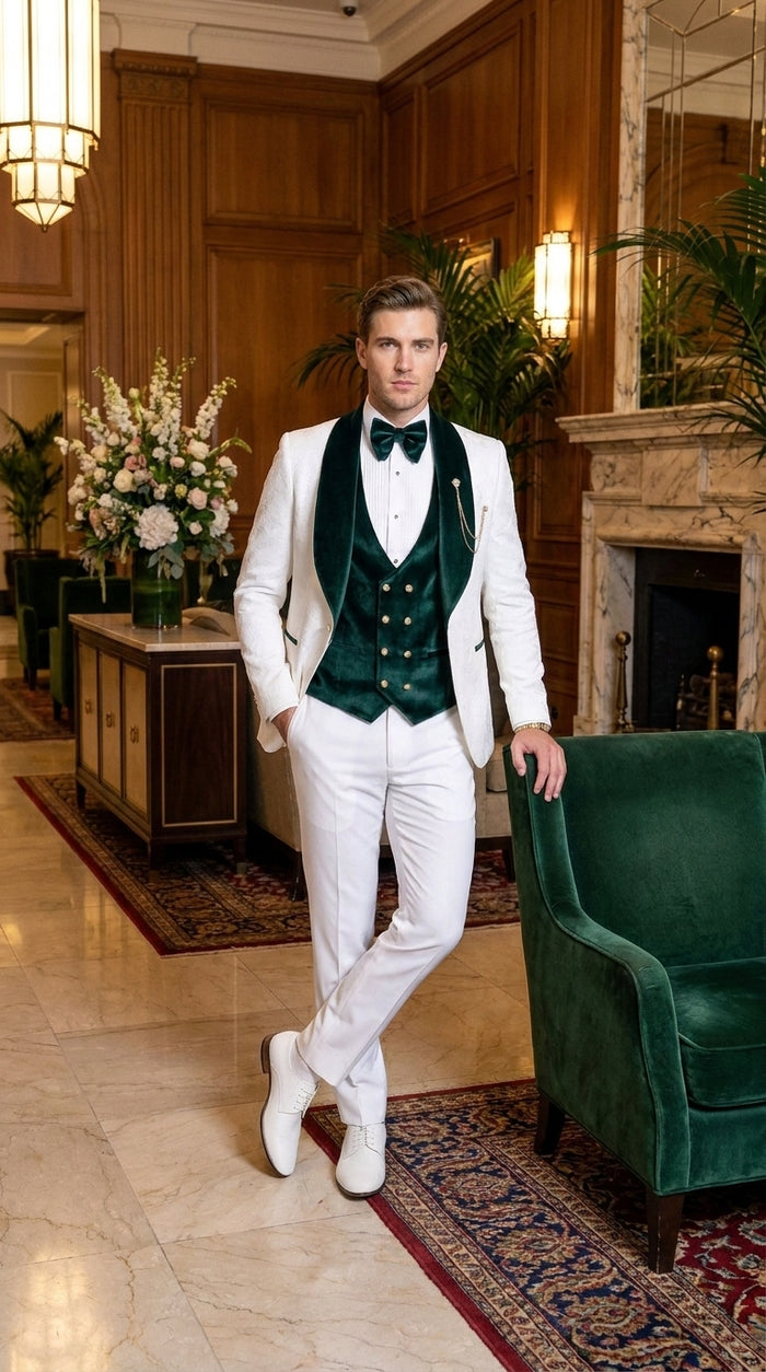 Men’s White and Dark Green 3-Piece Tuxedo – Groom Wedding and Prom Suit with Velvet Shawl Lapel