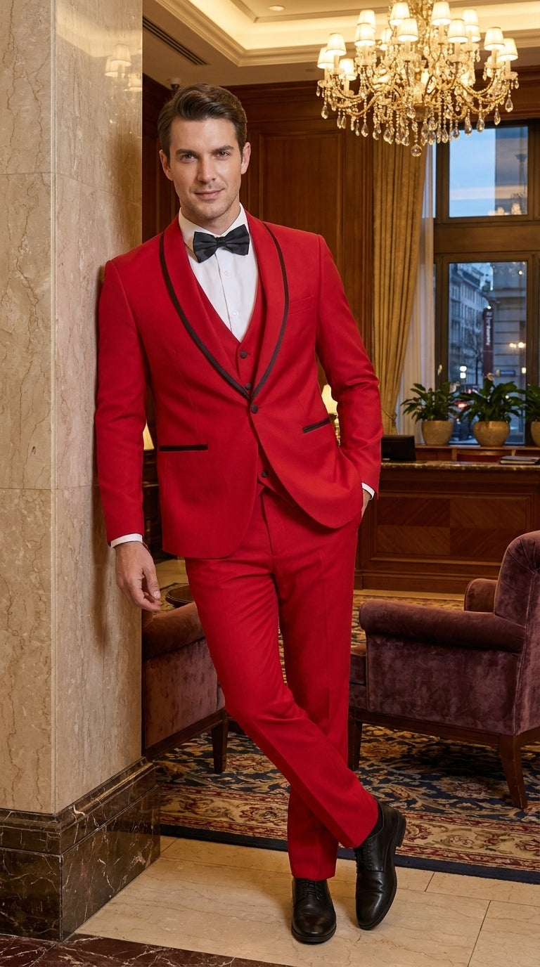 Men’s Trim Lapel Prom Tuxedo– 3 Piece Wedding Suit in Purple, Black, Red, Ivory, or Navy