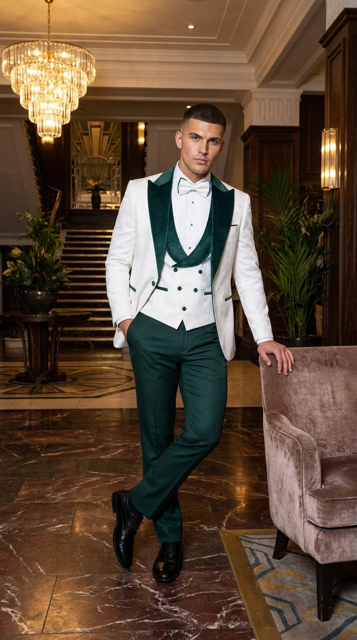 Men’s White and Hunter Green 3-Piece Wedding Tuxedo – White Dinner Jacket with Hunter Green Shawl Lapel