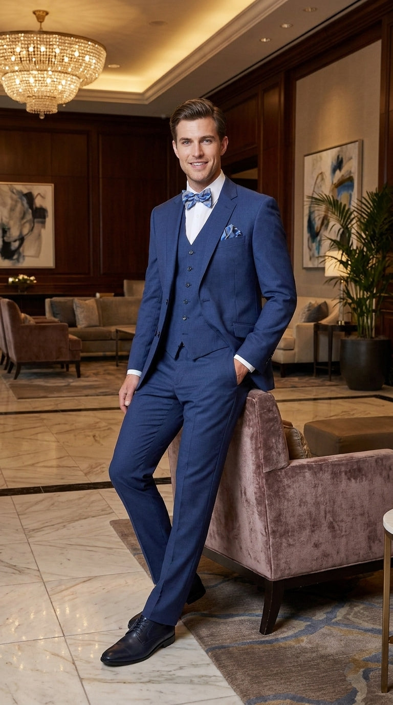 Men’s Big and Tall Indigo Blue 3 Piece Suit, Extra Long Modern Fit Wedding Business Formal Suit
