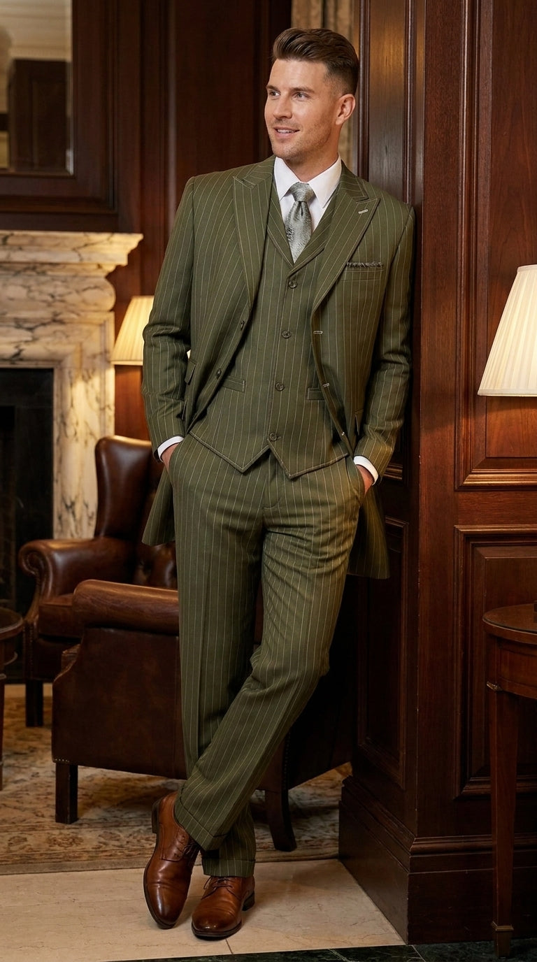 Men’s Big and Tall Olive Pinstripe 3 Piece Suit, Plus Size Long Jacket Formal Wedding Business Suit