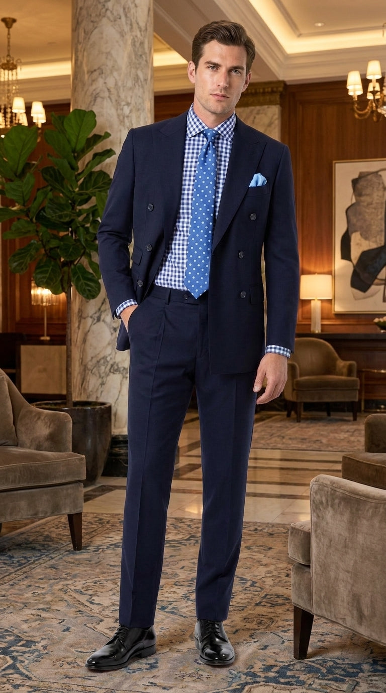 Apollo King Men’s Navy Blue 2 Piece Double Breasted Suit, Pleated Pants Formal Business Wedding Suit